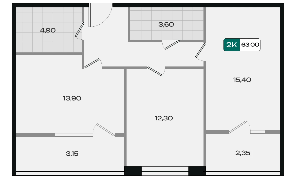 Планировка: 2-комнатная, 63 м², ЖК Народные кварталы