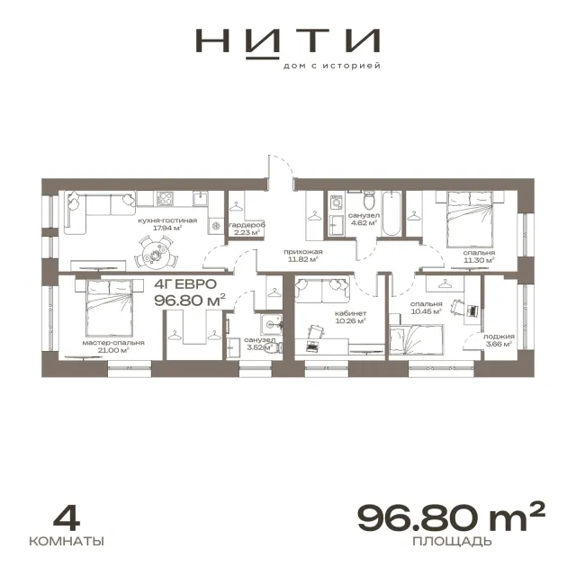 4-комнатная квартира 96,8 м² в ЖК «Нити», планировка 4Г