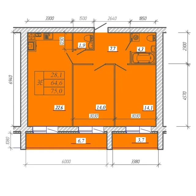 Трёхкомнатная квартира 75 м² в ЖК «Континент-5», №25