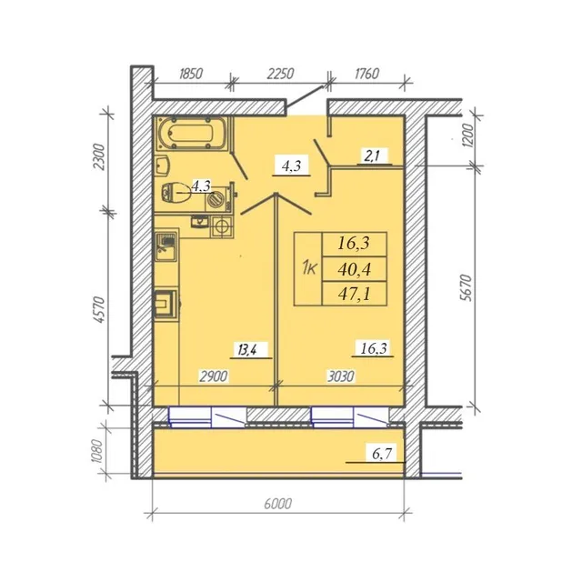 Однокомнатная квартира 47,1 м² в ЖК «Континент-5», №40