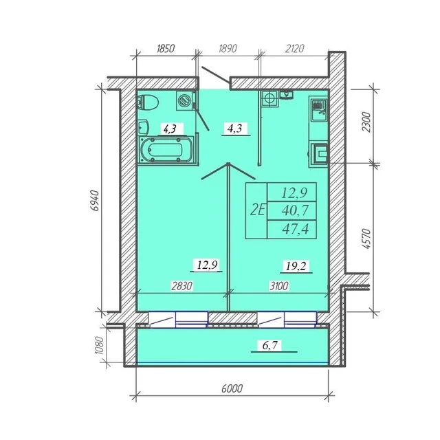 Двухкомнатная квартира 47,4 м² в ЖК «Континент-5», №59