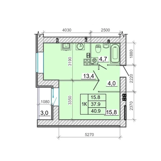 Однокомнатная квартира 40,9 м² в ЖК «Фаворит», Литер 2, №1