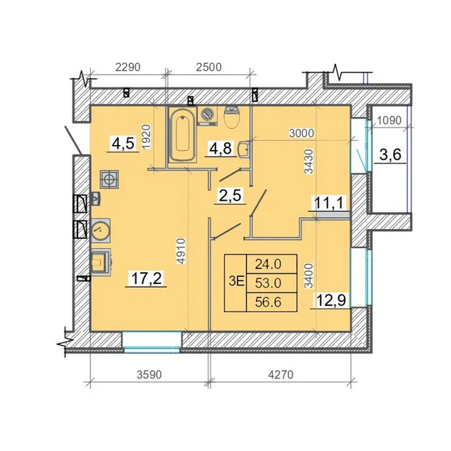 Евротрёхкомнатная квартира 56,6 м² в ЖК «Фаворит», Литер 2, №8