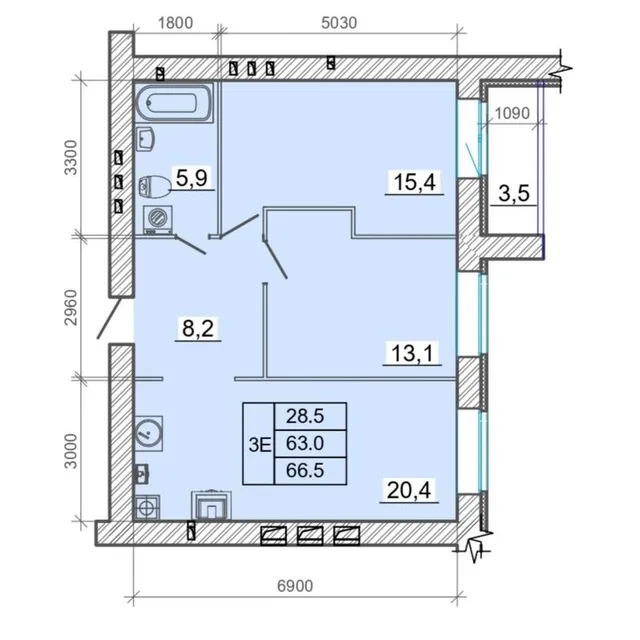 Евротрёхкомнатная квартира 66,5 м² в ЖК «Фаворит», Литер 2, №25