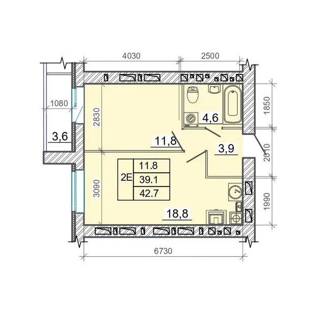 Евродвухкомнатная квартира 42,7 м² в ЖК «Фаворит», Литер 2, №72