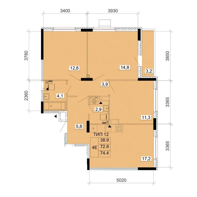Трёхкомнатная квартира 74,4 м² в ЖК «Олимпийский», Литер 6, №3