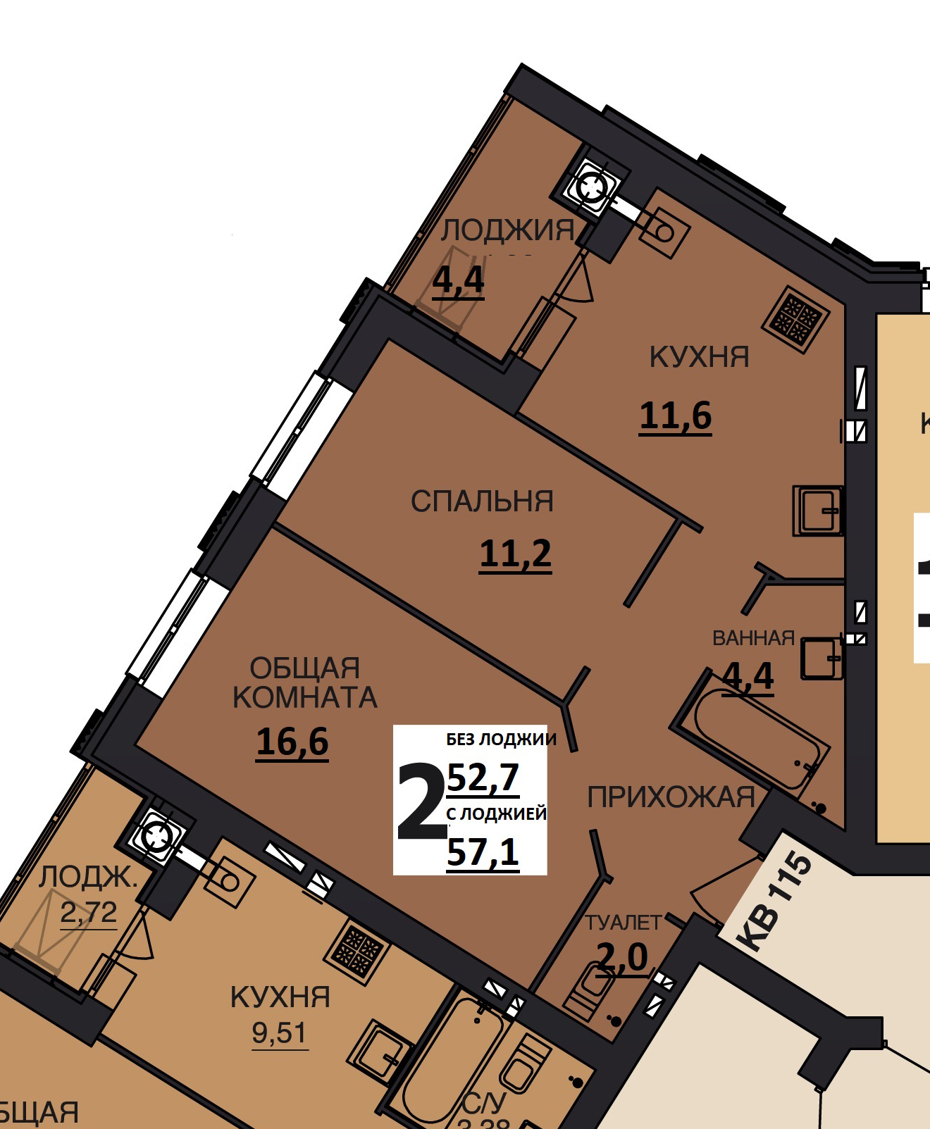 Двухкомнатная квартира 57,1 м² в доме на Ломоносова