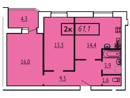 Двухкомнатная квартира № 39, 61,1 м² в ЖК «Огнеборец»