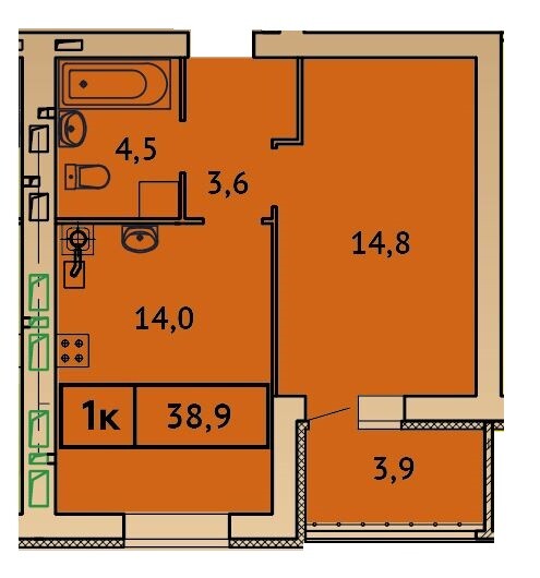 Однокомнатная квартира № 78, 40,2 м² в ЖК «Спортивный»