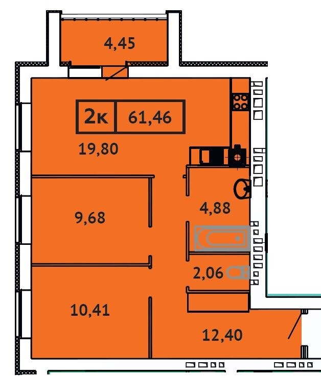 Двухкомнатная квартира № 50, 61,46 м² в ЖК «Кооперативный 2»
