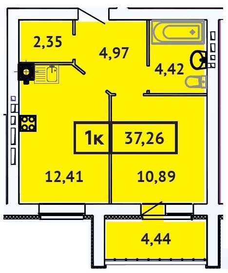 Однокомнатная квартира № 54, 37,26 м² в ЖК «Кооперативный 2»