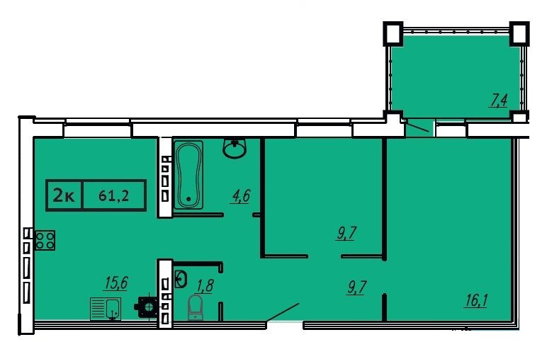 Двухкомнатная квартира № 25, 61,2 м² в ЖК «Московский»