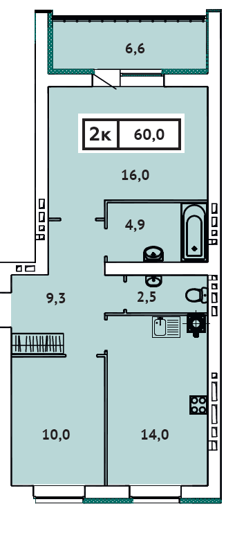 Двухкомнатная квартира № 36, 60 м² в ЖК «Чайковский-2»