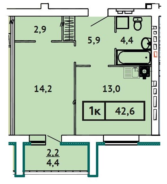 Однокомнатная квартира № 7, 42,6 м² в ЖК «Кооперативный 3»