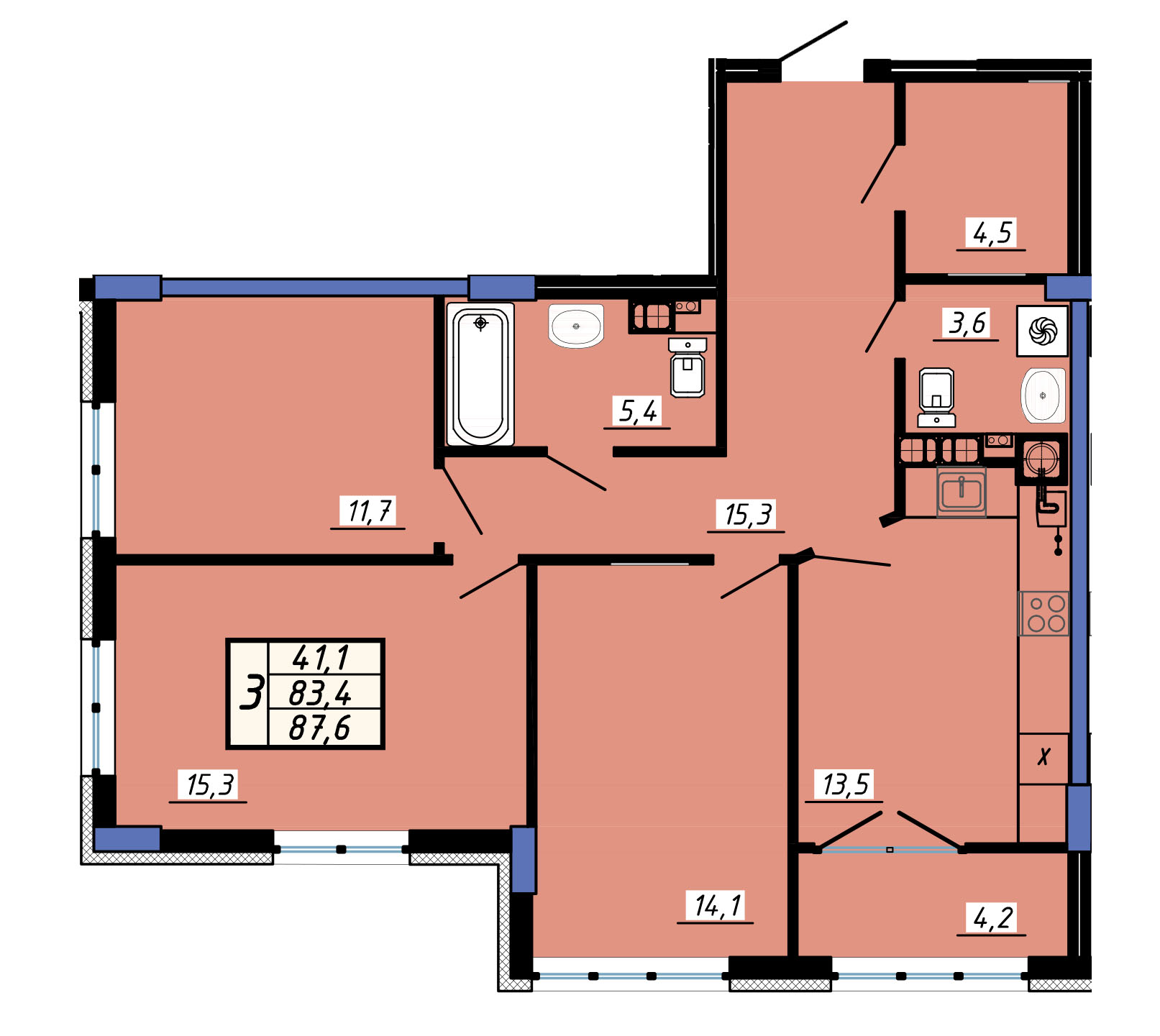Трёхкомнатная квартира 87,6 м² в ЖК «Бета Центавра», 5 этаж