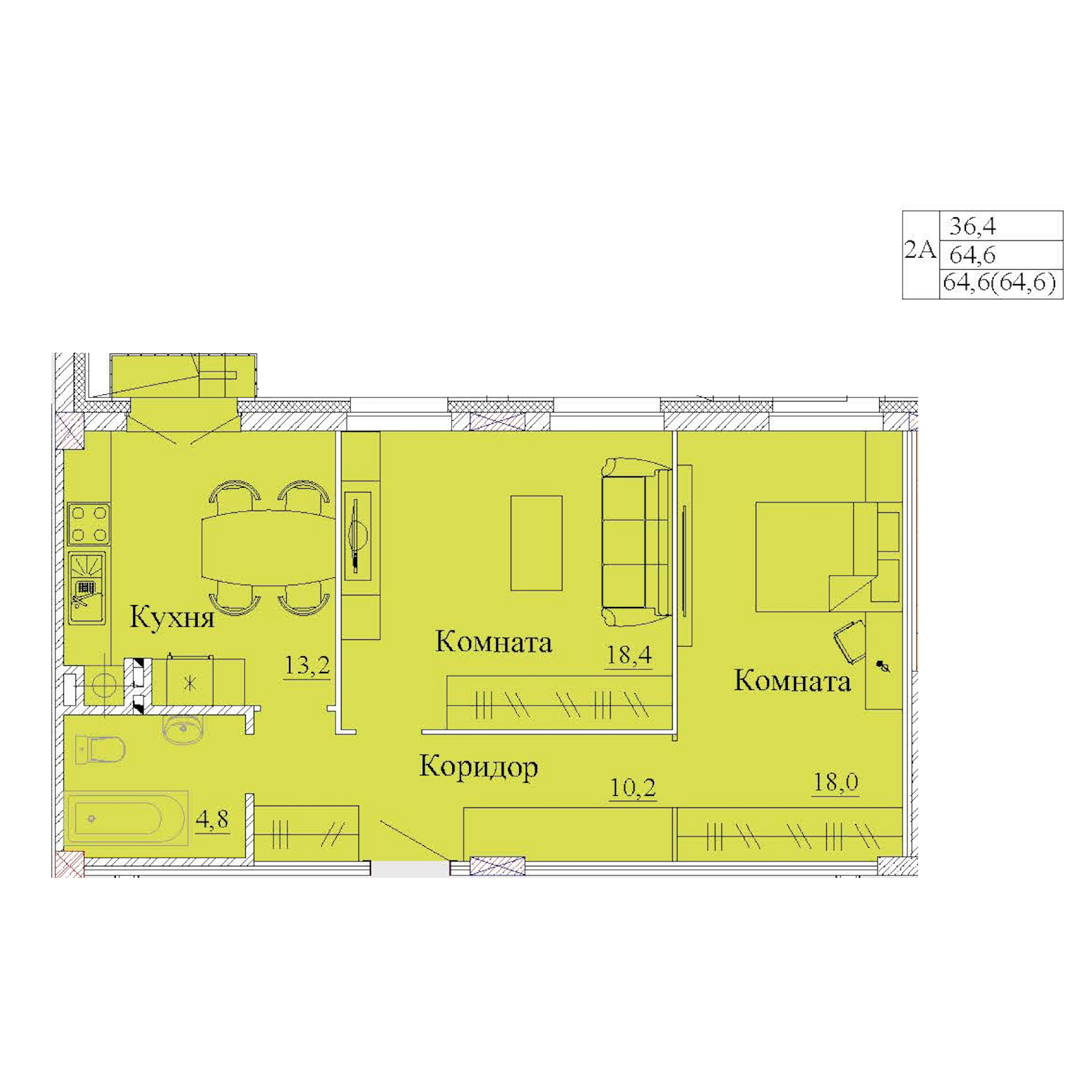 Двухкомнатная квартира № 51, 64,6 м² — Клубный дом «Капучино», Литер 1