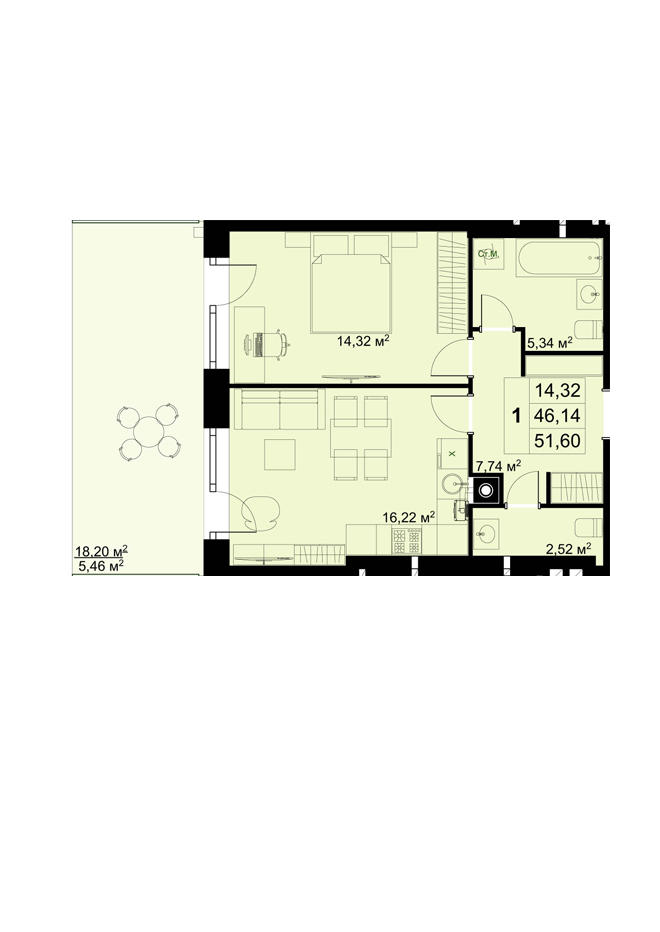 Однокомнатная квартира 51,6 м² с террасой в ЖК «Видный-Комфорт»