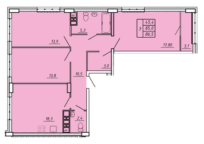 Трёхкомнатная квартира 86,5 м² в ЖК «Видный»